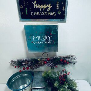 6 Pc Lot Christmas Metal & Greenery Decor Market Van Tabletop Swag Bucket EUC